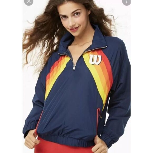 Forever 21 Jackets & Blazers - Forever 21 X‎ Wilson Striped Windbreaker Womens Medium Blue Quarter Zip Logo